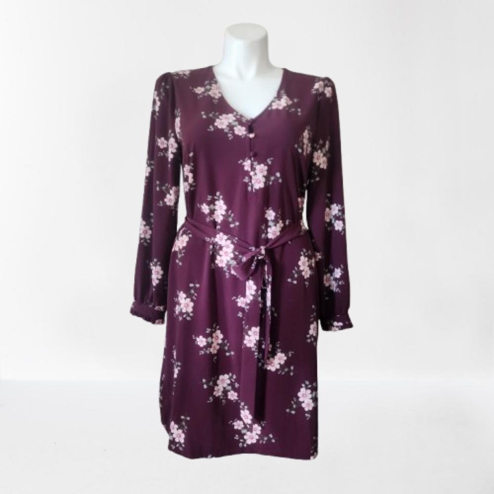 LOFT Dress Women's 14 Burgundy Floral Long Sleeve